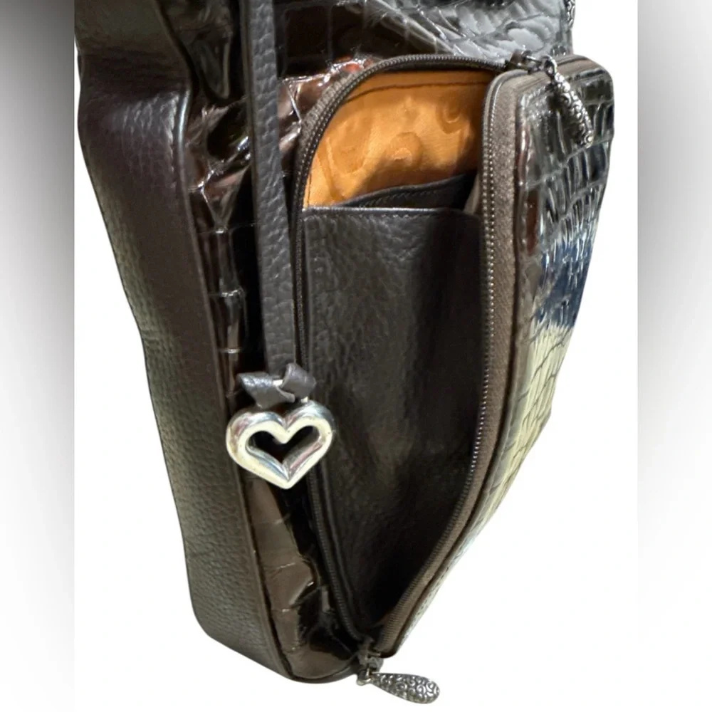 Brighton Croc‑Embossed Patent Leather Shoulder Bag – Metallic Copper Brown